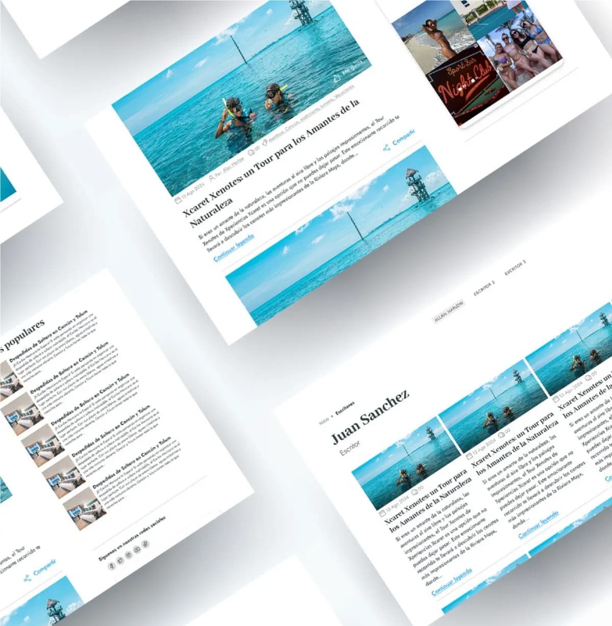 Mockups del blog de viajes de Oasis con artículos de destinos en Cancún