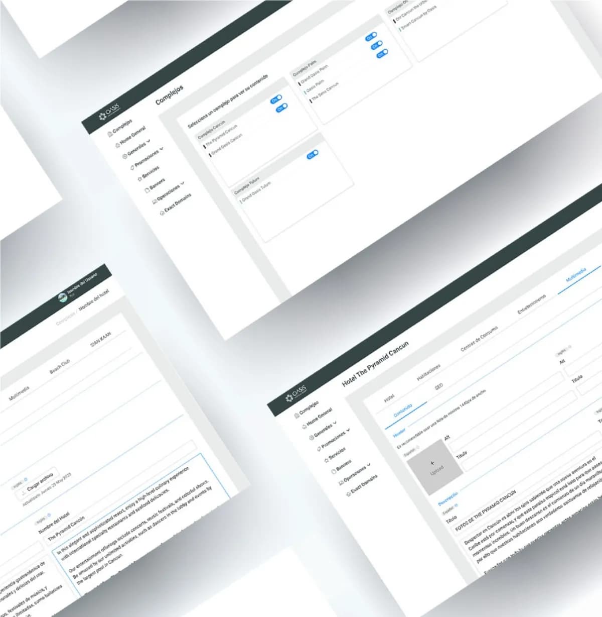 Mockups del CMS corporativo: selección de complejos y edición del contenido de un hotel
