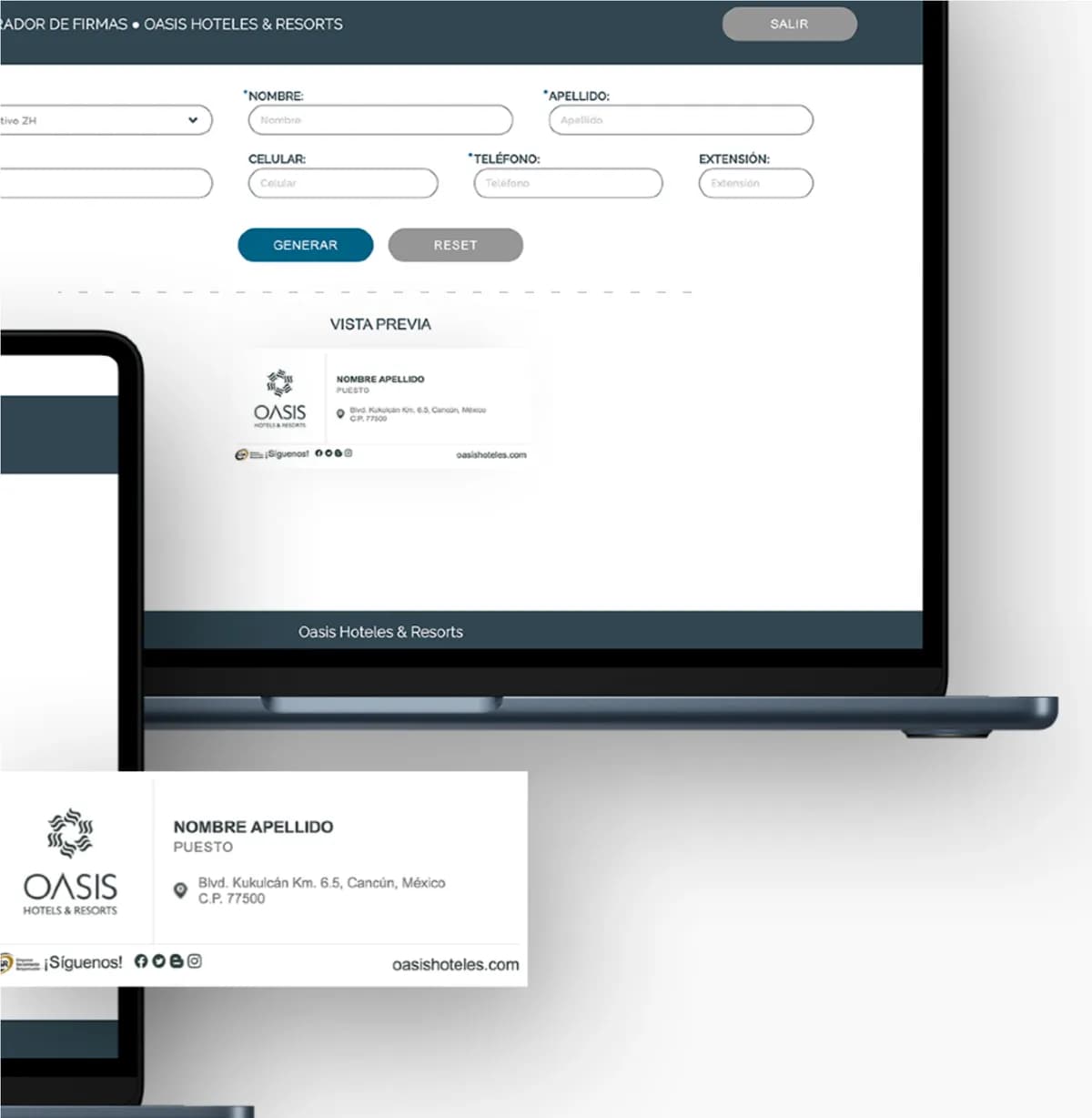 Generador de firmas de correo de Oasis Hotels & Resorts con su vista previa y la firma generada