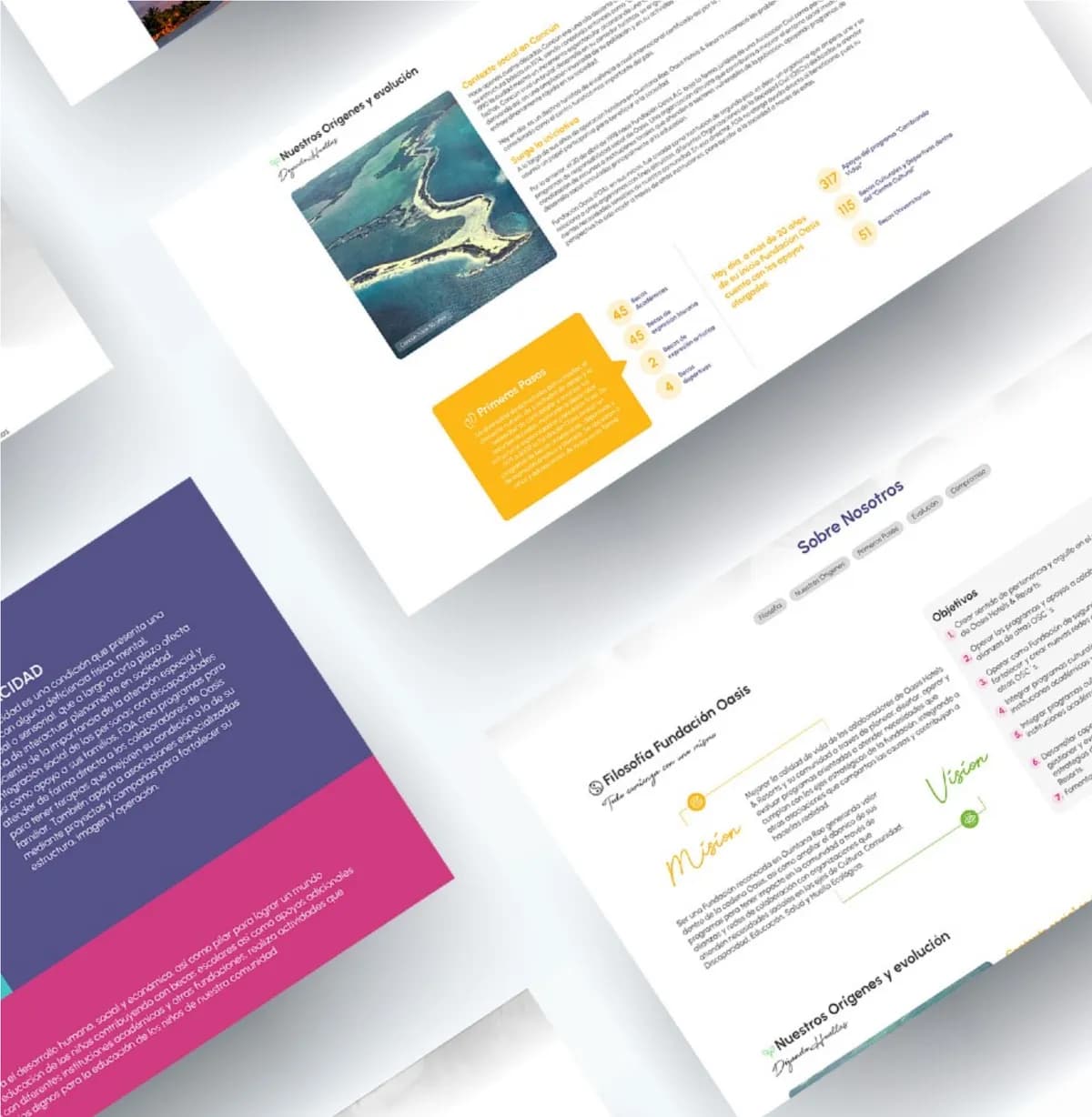 Mockups del sitio de la fundación con su misión, visión y orígenes