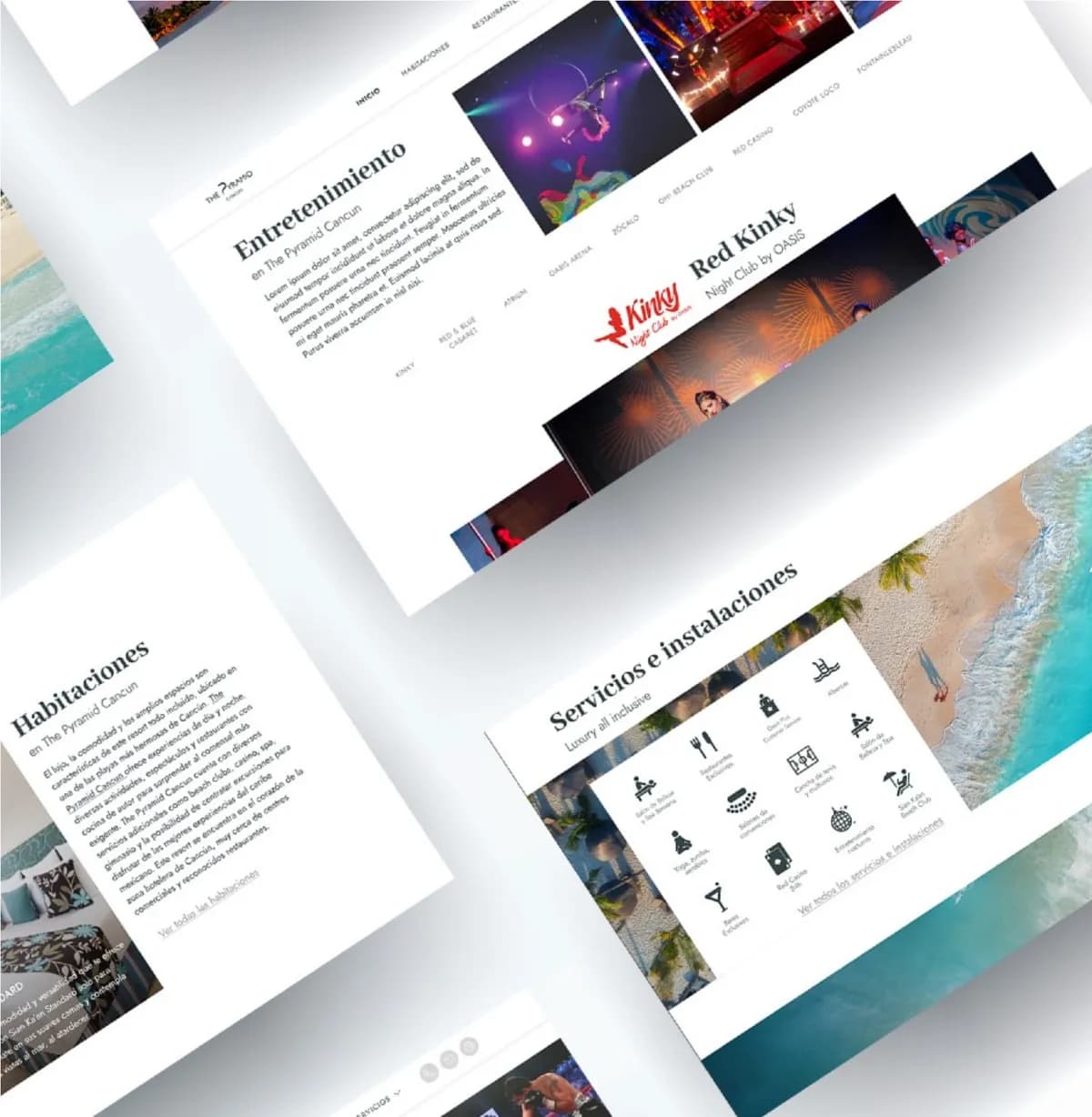 Mockups de un micrositio de hotel con secciones de entretenimiento, habitaciones y servicios