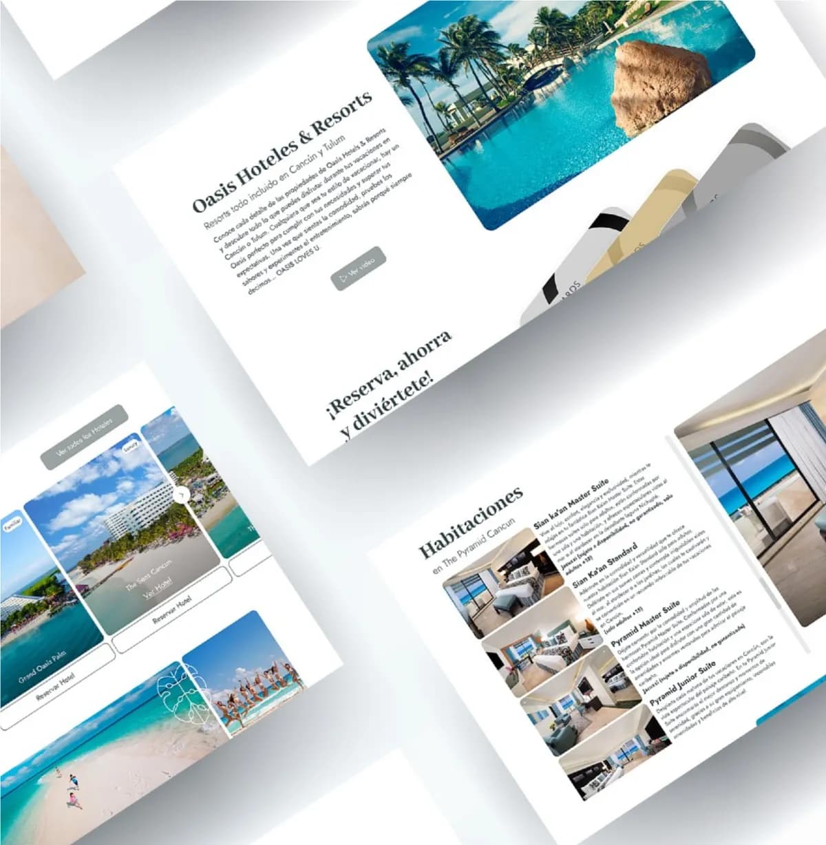 Mockups del sitio oficial de Oasis Hotels & Resorts: portada, carrusel de hoteles y habitaciones